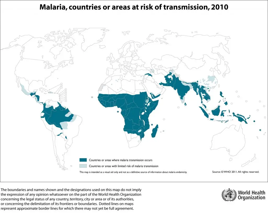 Verdenskort over lande og områder, hvor malaria smitte er en risiko