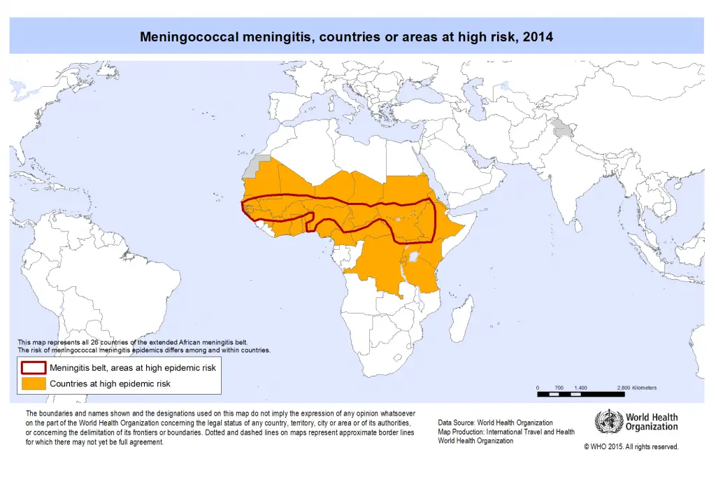 Verdenskort der viser områder med højest risiko for meningitis i 2014