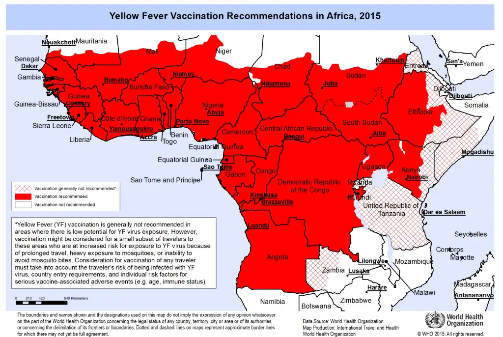 Kort over Afrika med lande og områder, hvor gulfeber vaccination er anbefalet