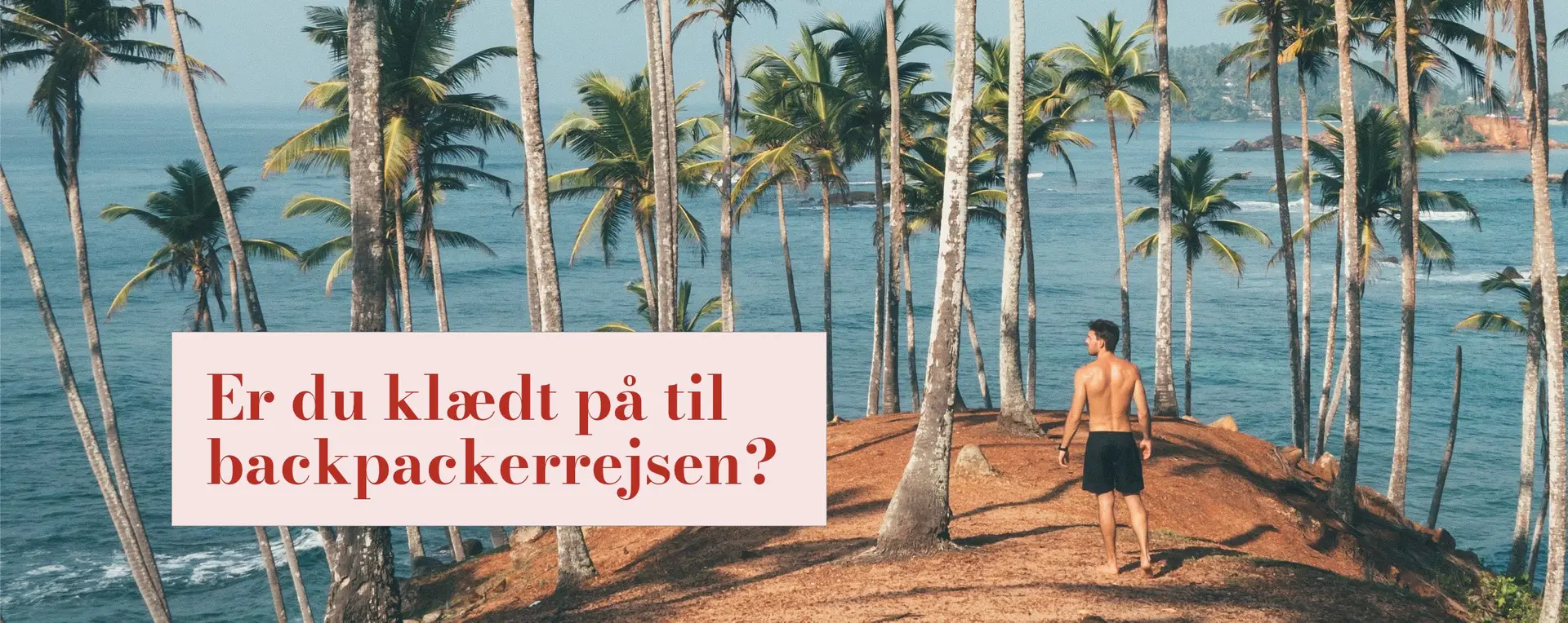 Palmer og hav med en tekstboks over billedet hvor, der står: "Er du klædt på til backpackerrejsen?"