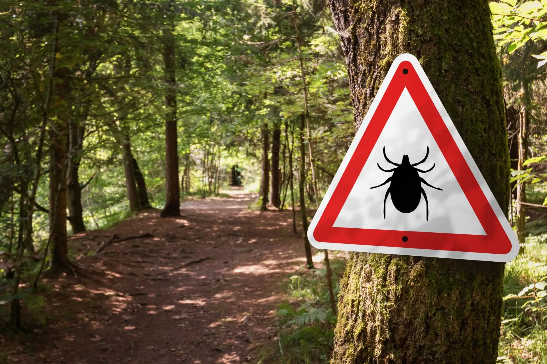 Skilt i en skov der signalerer risiko for flåter