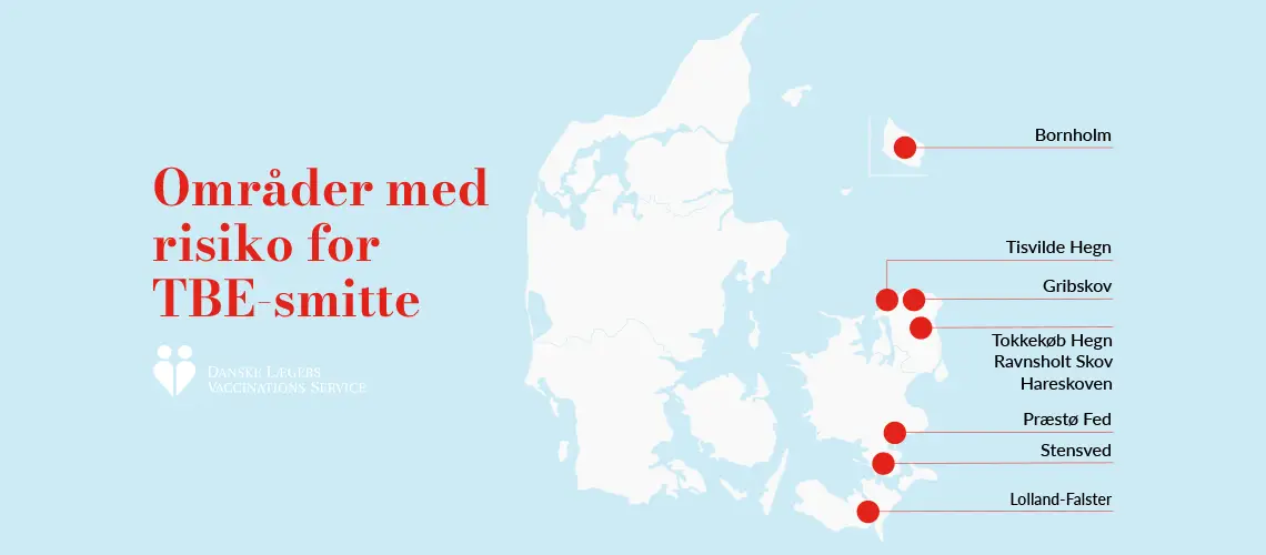 Danmarkskort der viser risikoområder for TBE-smitte